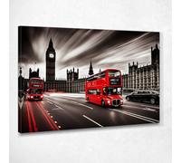 CheQuadro! Quadro città moderna, decorazione parete soggiorno, arte urbana astratta, Iconici Autobus Rossi di Londra davanti a Big Ben e Parlamento, su tela pronto da appendere ct12-40x30 cm