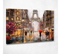CheQuadro! Quadro città moderno soggiorno, quadri città astratta, decorazione parete, Atmosfera Piovosa a Parigi con Torre Eiffel e Ombrelli Colorati, su tela pronto da appendere ct1-130x90 cm