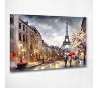 CheQuadro! Quadro città stilizzata, decorazione parete, soggiorno contemporaneo, Strade di Parigi con Ombrelli e Torre Eiffel in una Giornata Piovosa, su tela pronto da appendere ct30-150x105 cm