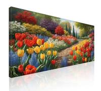 CheQuadro! Quadro lungo moderno, decorazione soggiorno orizzontale, Giardino Fiorito con Sentiero tra Tulipani Colorati, su tela, intelaiato pronto da appendere bow17-105x50 cm
