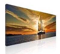 CheQuadro! Quadro mare XXL colorato, quadro grande soggiorno Paesaggio Marittimo con Barca e Tramonto stampa su tela, intelaiato pronto da appendere seal14-150x60 cm