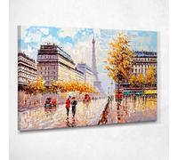 CheQuadro! Quadro moderno di città, soggiorno decorato, arte astratta su parete, Autunno a Parigi con Vista sulla Torre Eiffel e Ombrelli Colorati, su tela pronto da appendere ct3-40x30 cm