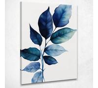 CheQuadro! Quadro moderno fiori su tela, decorazione parete, Foglie Blu Sfumature Acquatiche, stampa su tela, intelaiato pronto da appendere btn19-50x70 cm