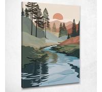 CheQuadro! Quadro moderno, paesaggio, boho chic, minimal, decorazione parete, salotto, Paesaggio Naturale con Fiume, Pini e Montagne, stampa su tela, intelaiato pronto da appendere bho25-50x70 cm