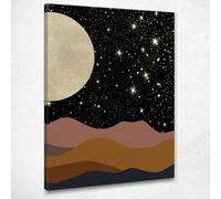 CheQuadro! Quadro moderno, paesaggio, boho chic, minimal, decorazione parete, studio, Paesaggio Notturno con Luna e Stelle, stampa su tela, intelaiato pronto da appendere bho26-115x80 cm