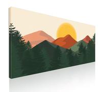CheQuadro! Quadro moderno, paesaggio, boho chic, minimal, decorazione parete, ufficio, Montagne arancioni con colline e pini verdi stampa su tela pronto da appendere bol27-130x60 cm