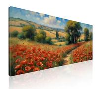 CheQuadro! Quadro moderno soggiorno, orizzontale lungo, Sentiero tra i Papaveri Rossi, su tela, intelaiato pronto da appendere bow37-90x40 cm