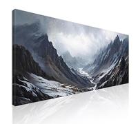 CheQuadro! Quadro montagne bianco nero, nebbia, fiume di montagna, quadro moderno soggiorno, Imponenti montagne innevate che penetrano attraverso cieli nebbiosi mow13-150x60 cm