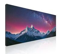 CheQuadro! Quadro montagne di notte, vista notturna montagne, montagne e stelle, cielo di notte rosa e blu Cielo notturno stellato sulle cime innevate mow30-150x60 cm