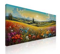 CheQuadro! Quadro natura morta xxl, decorazione vegetazione, Paesaggio di Campo Fiorito al Tramonto, su tela, intelaiato pronto da appendere bow27-90x40 cm