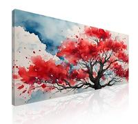 CheQuadro! Quadro orizzontale moderno, quadri per salotto, Albero Rosso con Sfondo Acquerello Astratto, su tela, intelaiato pronto da appendere bow4-105x50 cm