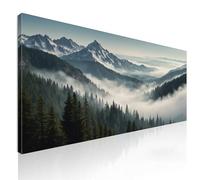 CheQuadro! Quadro paesaggio xxl, Stampa su tela Immagini, astratto Paesaggio Montuoso Nebbioso con Vette innevate e Foresta Verde intelaiato pronto da appendere abl37-150x70 cm