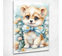 CheQuadro! Quadro per bimbo, decorazione nursery, Cagnolino Con Fiocco e Decorazioni Floreali, stampa su tela, intelaiato pronto da appendere bana21-100x70 cm
