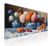 CheQuadro! Quadro per camera da letto, arte moderna astratta, Natura Morta con Fiori e Frutta in Vasi di Porcellana Blu, su tela, intelaiato pronto da appendere bow21-150x70 cm