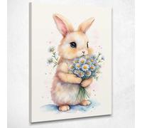 CheQuadro! Quadro per cameretta bimbo, Dolce Coniglietto Con Fiori Bianchi, stampa su tela, intelaiato pronto da appendere bana7-50x70 cm