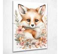 CheQuadro! Quadro per cameretta neonata, Baby Volpe Con Fiori Beige e Rosa, stampa su tela, intelaiato pronto da appendere bana17-50x70 cm