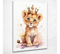 CheQuadro! Quadro per cameretta neonato, decorazione, Cucciolo Di Leone Con Corona Regale, stampa su tela, intelaiato pronto da appendere bana4-50x70 cm