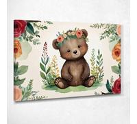 CheQuadro! Quadro per nursery, decorazione bimba, Tenero Orsetto con Fiori Colorati, stampa su tela, intelaiato pronto da appendere bana39-40x30 cm