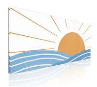 CheQuadro! Quadro stile boho, illustrazione su tela, decorazione parete, quadro moderno, camera da letto, Alba sul Mare con Onde e Raggi di Sole stampa su tela pronto da appendere bol15-90x40 cm