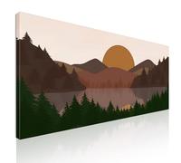CheQuadro! Quadro stile boho, illustrazione su tela, decorazione parete, quadro moderno, sala, Collina al Tramonto con Alberi e Lago stampa su tela pronto da appendere bol13-130x60 cm