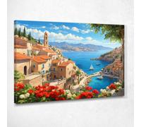 CheQuadro! Quadro urbano contemporaneo, decorazione moderna, soggiorno astratto, Vista sulla Costa Mediterranea con Vele e Fiori Colorati, su tela pronto da appendere ct35-115x80 cm
