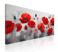 CheQuadro! Quadro xxl per cucina, decorazione moderna natura, Papaveri Rossi su Sfondo Grigio Astratto, su tela, intelaiato pronto da appendere bow34-150x70 cm