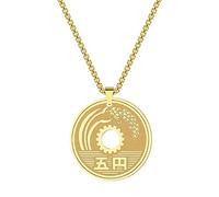 Chereda Collana con moneta giapponese fortunata 5 Yen ciondolo rotondo in acciaio inossidabile gioielli alla moda per donne uomini buona fortuna miglior regalo di auguri, Acciaio inossidabile