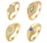 Chereda Set di 4 anelli placcati in oro da donna, design vintage con pietre preziose e geometrici, anello classico con zirconia cubica a forma di cuore, in oro sottile