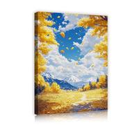 CHERHERART Estetico Montagne innevate Pittura su tela Stampe Romantico Foreste di acero Cieli blu Tela di canapa Wall Art Picture per la casa da pranzo 70x90cm Innerframe