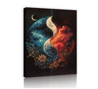 CHERHERART Tela Yin Yang Luna Celeste Floreale Poster Botanico Mistico per Camera da Letto Ufficio Yoga Quadro Natura Decorazione Parete con Telaio Interno 70x90cm