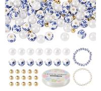 Cheriswelry 101 perline in porcellana a forma di fiore blu e bianco, 8 mm, perle finte acriliche con perline distanziali in ottone, per la creazione di gioielli, bracciali, collane, artigianato fai da