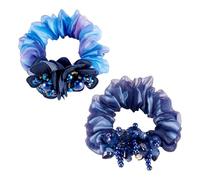 Cheriswelry 2 elastici per capelli in raso con motivo floreale tie-dye, con perline, due tonalità, in organza francese, satinati, spessi, per donne e ragazze, morbidi e senza tracce, colore blu