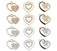 Cheriswelry 24 ciondoli a forma di cuore in lega con strass, in oro e argento, per la creazione di collane, bracciali e gioielli