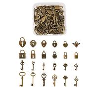 Cheriswelry 48 ciondoli a forma di chiave e lucchetto, in bronzo anticato, stili misti, vintage, chiave scheletrata, lucchetto a forma di cuore, collezione per la creazione di gioielli artigianali