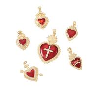 Cheriswelry 6 ciondoli in ottone a forma di cuore sacro rosso con zirconia cubica, ciondoli a forma di cuore gotico sacro a forma di croce, corona, in ottone, per gioielli fai da te, collane, progetti
