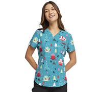 Cherokee Prints Women Scrubs Top V-Neck Tuckable Print CK664, L, Happy Holidogs