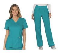 Cherokee Set da donna Scrubs Revolution WW610 Mock Wrap Top & WW110P Vita media Gamba dritta Pull-on, Blu Teal - XXS Top/XXS Petite Pant