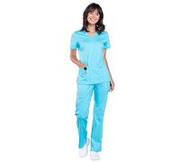 Cherokee Set da donna Scrubs Workwear Revolution WW620 con scollo a V e pantaloni con coulisse a vita media WW120, colore turchese - XS Top/XS Pant