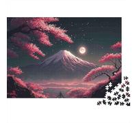 Cherry Blossom Mountain Moon 1000Pc Recycled Paper Puzzle: Fuji at Night with Cherry Blossoms for Adults 14-99 Years Home Decor & Gift 52x38cm/1000pcs