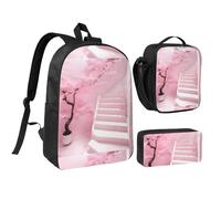 Cherry Blossom White Staircase 17 Inch Zaino Lunch Bag Pencil Case Set, stampa carina, durevole panno Oxford.