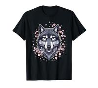 Cherry Blossom Wolf Head Estetica Wild Nature Spirit Maglietta