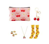 Cherry Gifts - Set regalo da donna a tema ciliegia, 5 pezzi, con collana, orecchini, portachiavi, borsa per il trucco e calzini, ciondoli per borse, orecchini stravaganti da donna, regalo di