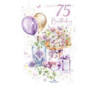 Cherry Orchard Splendido biglietto di auguri per il 75° compleanno da donna, bellissimo design con fiori e palloncini, finitura in lamina viola, completo di busta