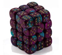 Chessex Dice d6 Sets: Gemini Purple & Teal with Gold - 12mm Six Sided Die (36) Block of Dice by
