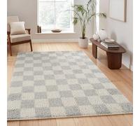 Chester, Tappeto shaggy per soggiorno, moderno, design contemporaneo a scacchi, 30 mm, retro in iuta e morbido tessuto, per corridoio, interni, grigio, 160 x 230 cm