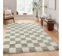Chester, Tappeto shaggy per soggiorno, moderno, design contemporaneo a scacchi, 30 mm, retro in iuta e morbido tessuto, per corridoio, interni, salvia, 120 x 170 cm