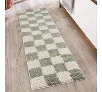 Chester Tappeto shaggy per soggiorno, moderno, design contemporaneo a scacchi, 30 mm, retro in iuta e morbido tessuto, per corridoio, interni, salvia, 60 x 220 cm