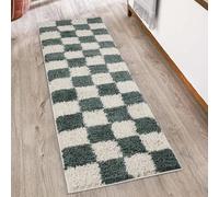 Chester Tappeto shaggy per soggiorno, moderno, design contemporaneo a scacchi, 30 mm, retro in iuta e morbido tessuto, per corridoio, interni, verde giada, 60 x 220 cm