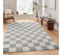 Chester - Tappeto shaggy per soggiorno, moderno, design contemporaneo a scacchi, 30 mm, retro in morbido tessuto di iuta, tappeto per corridoio, per interni, colore azzurro chiaro, 160 x 230 cm