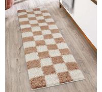 Chester Tappeto shaggy per soggiorno, moderno, design contemporaneo a scacchi, 30 mm, retro in morbido tessuto di iuta, per corridoio, interni, terracotta, 60 x 220 cm
